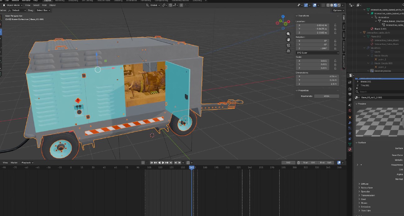 Blender viewport showing the generator model with service door and internal components