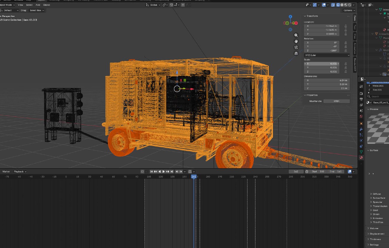 Blender wireframe view of the generator model and switch box assets
