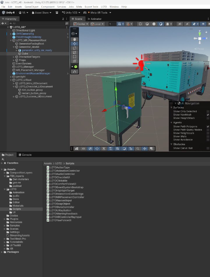 Unity editor scene with generator, switch box, scripts, and interaction targets