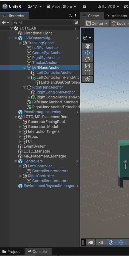 Unity hierarchy showing Quest camera rig and controller interactors